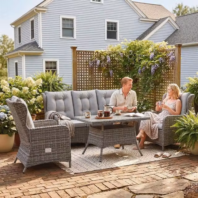 Outsunny 5 Seater Grey Rattan Garden Furniture Set with Cushions and Glass Table