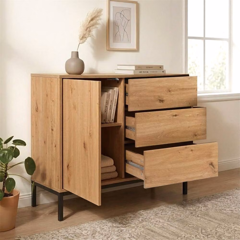 CALICOSY Lenny 1 Door 3 Drawer Chest in Light Oak, W90 x H80 cm – 2