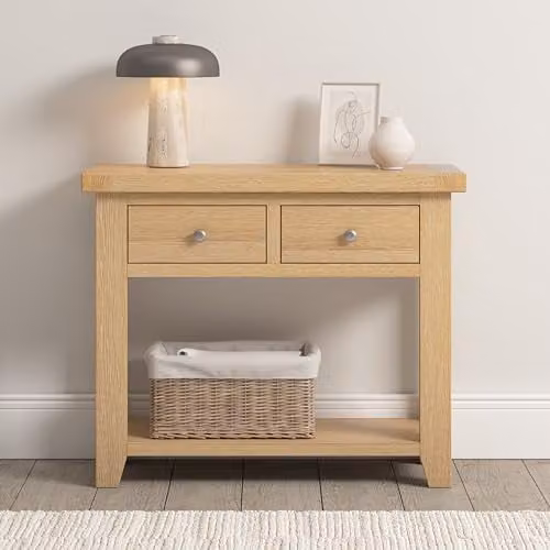 Seconique Windsor 2 Drawer Console Table in Natural Oak, W: 70 cm, D: 34 cm, H: 85 cm
