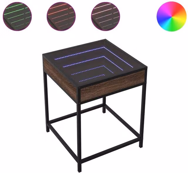 Berkfield Home Infinity LED Bedside Table in Brown Oak with Mirror Top, W/D/H: 40 x 40 x 51 cm