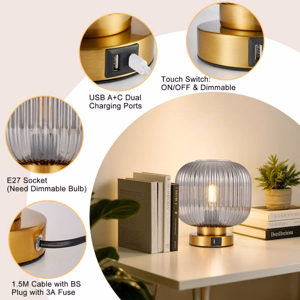 Harper Living Dimmable Touch Control Table Lamp with Smoked Grey Glass Shade and Gold Brass Base, E27 Socket – 4