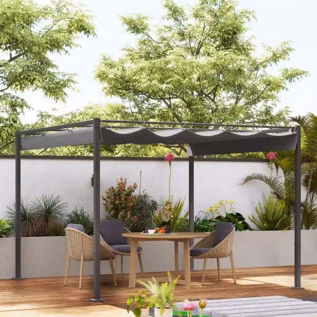Outsunny Grey Outdoor Pergola with Retractable Roof and UPF30 Protection, W x D: 300 x 300 cm