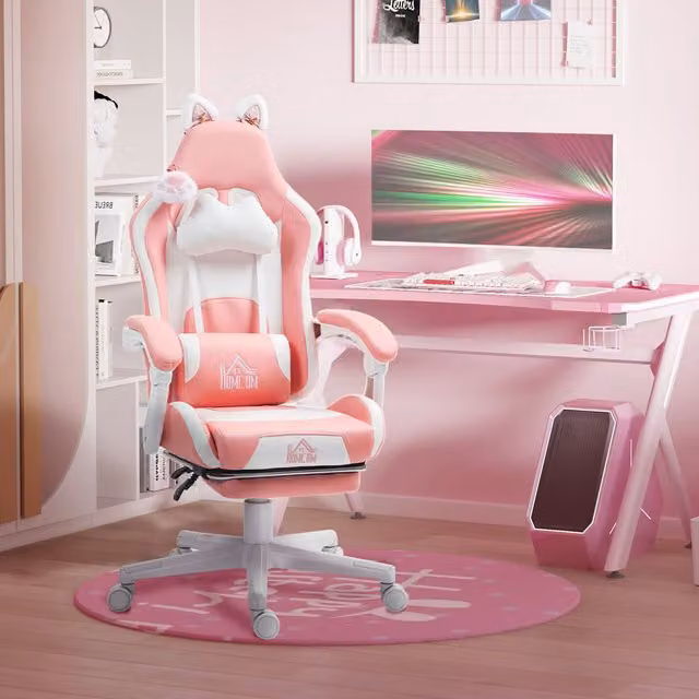 HOMCOM Pink Gaming Chair with Footrest and Headrest in Synthetic Leather – 1