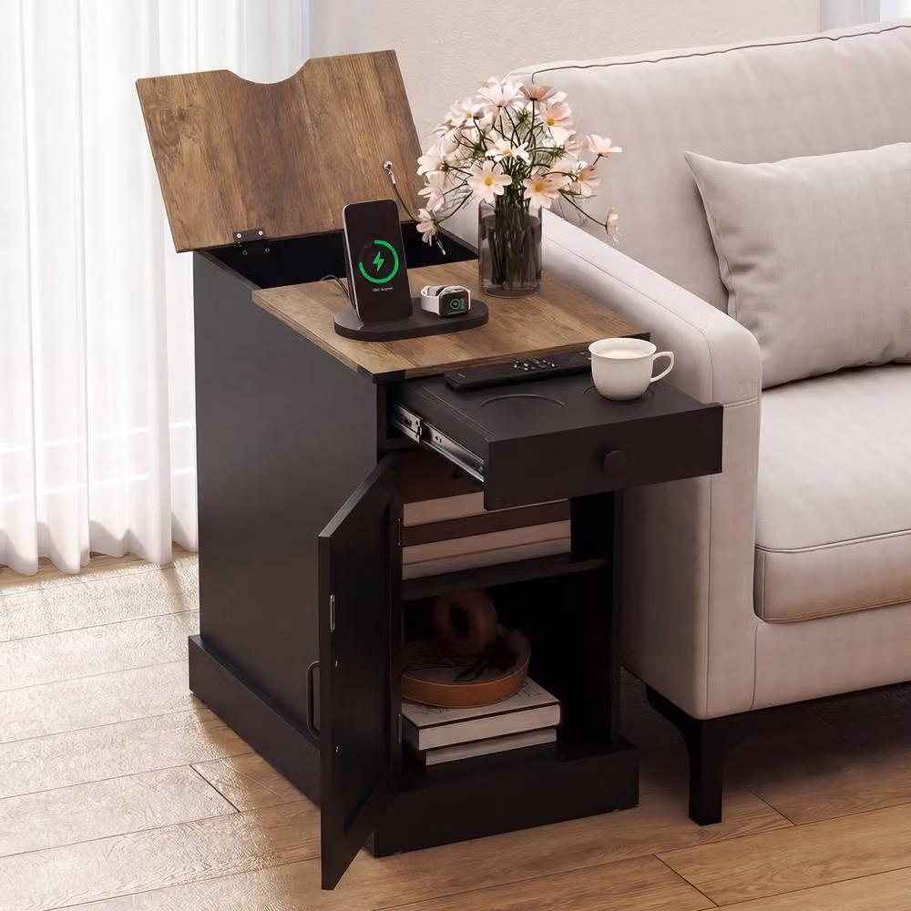 Gymax Farmhouse End Table with Charging Station and Cabinet in Black – 3