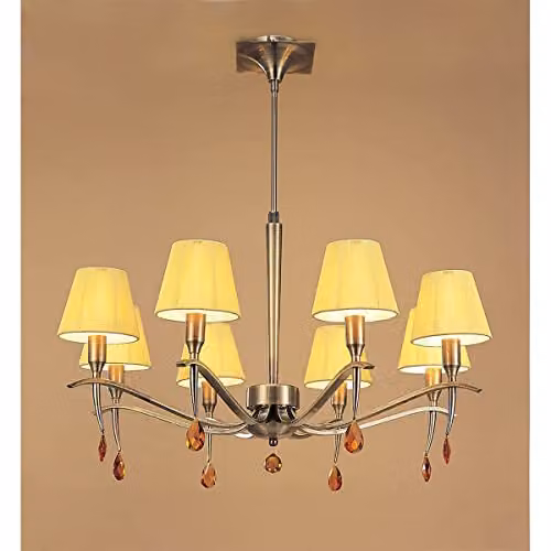 Mantra Siena Round 8-Light Pendant with Amber Cream Fabric Shades and Amber Crystals in Antique Brass – 2