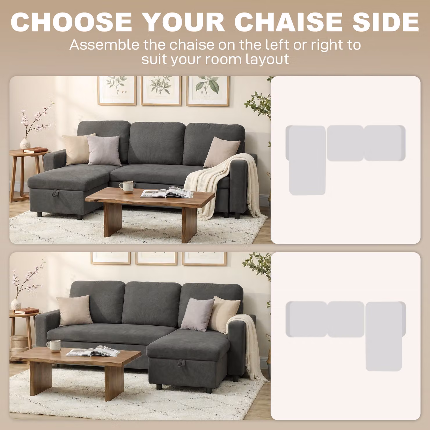 HOMCOM 3 Seater Pull Out Sofa Bed with Reversible Chaise, Storage and Side Pockets, Charcoal Grey Linen-look Upholstery – 4