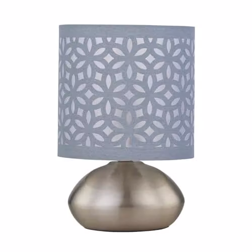 First Choice Lighting Jenson Touch Table Lamp in Brushed Chrome with Grey Laser Cut Shade – 1