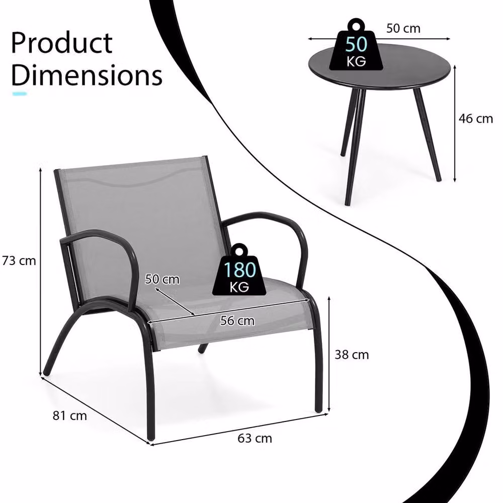 KORVIXA 3 Piece Grey Metal Patio Chair and Table Set – 2