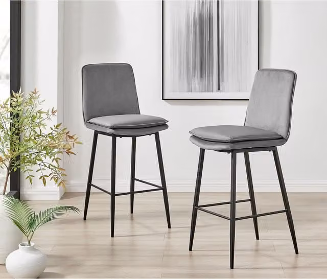 Furnitureboxuk Set of 2 Marley Velvet Bar Stools in Grey with Black Metal Legs