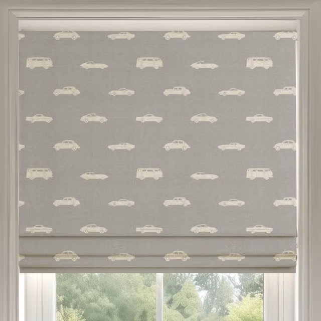 ANTE DECOR Made To Measure Roman Blind with Vintage Cars Print in French Grey Cotton
