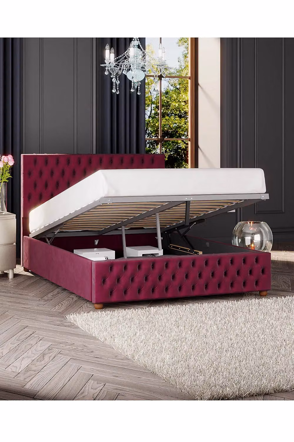 Laurence Llewelyn-Bowen Seren Ottoman Storage Bed in Wine Plush Velvet Fabric, Super King, W: 200 cm x D: 200 cm – 2
