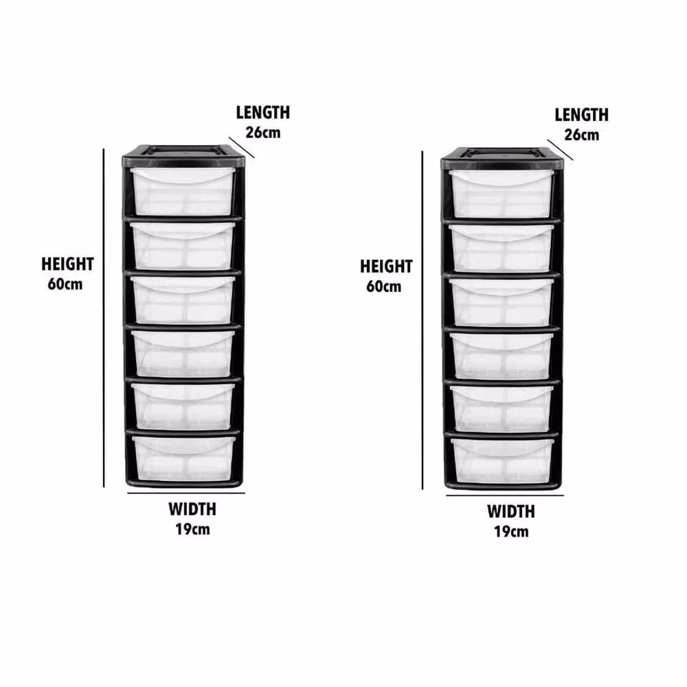 PAWNORA 2 x 6 Tier Mini Drawer Tower Unit, Compact Black Plastic Storage Rack – 2