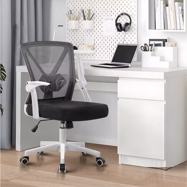 Yaheetech Ergonomic Adjustable Modern Desk Chair in White Fabric with Armrests and Castors