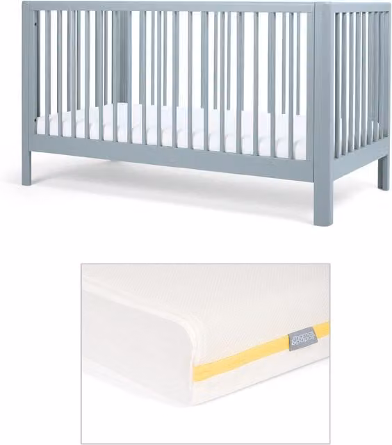 Mamas & Papas Arbor Cotbed and Essential Airflow Fibre Mattress Bundle in Bluebell Blue