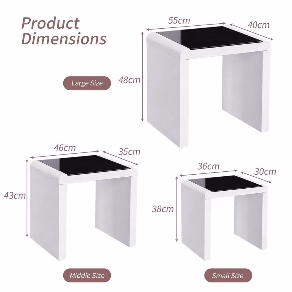Pawnora Nest of 3 Square Coffee Tables with Glossy Black Glass Tops and White Legs – 2