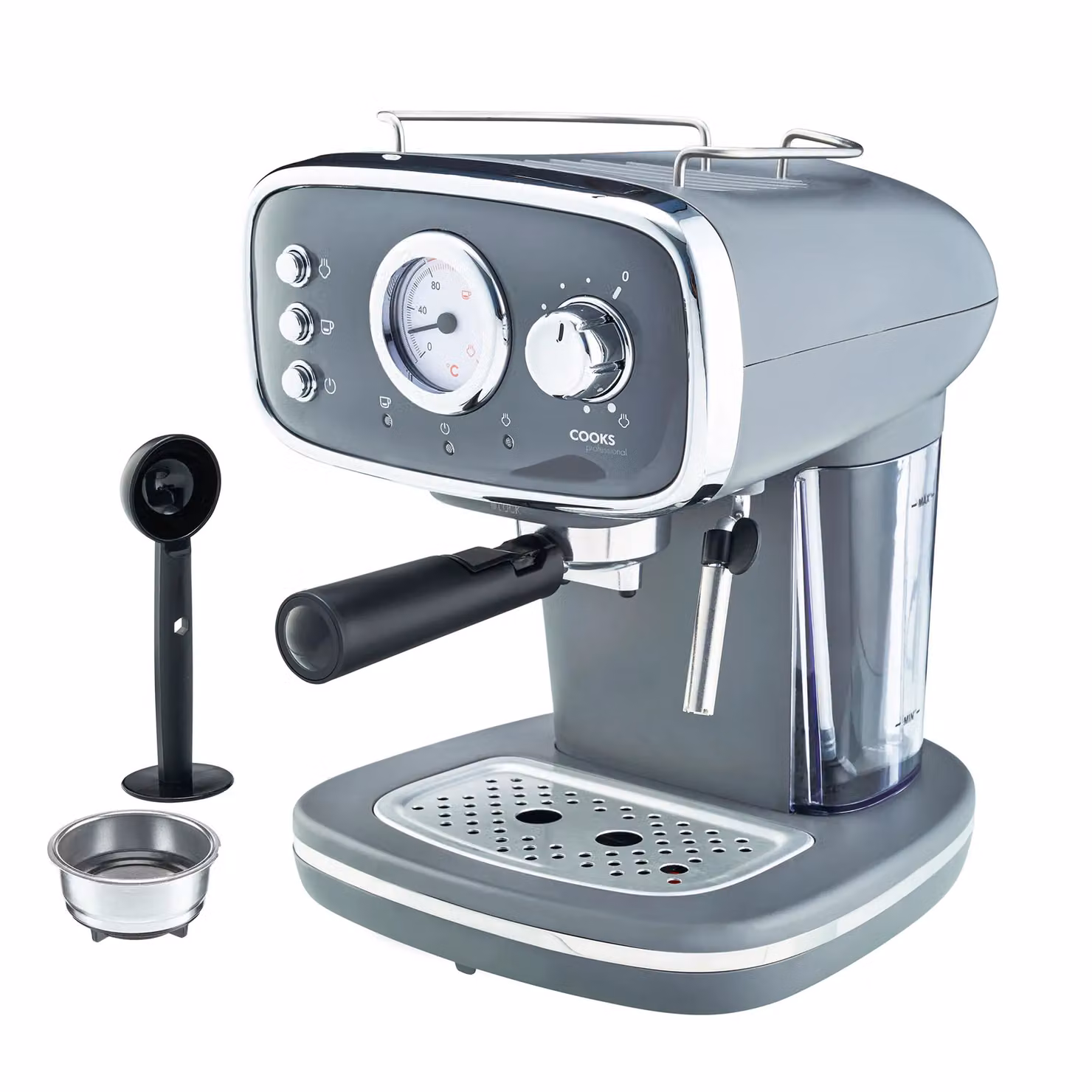 Cooks Professional 15-Bar Retro Espresso Coffee Machine with Steam Wand, 1.2L, Grey – 2