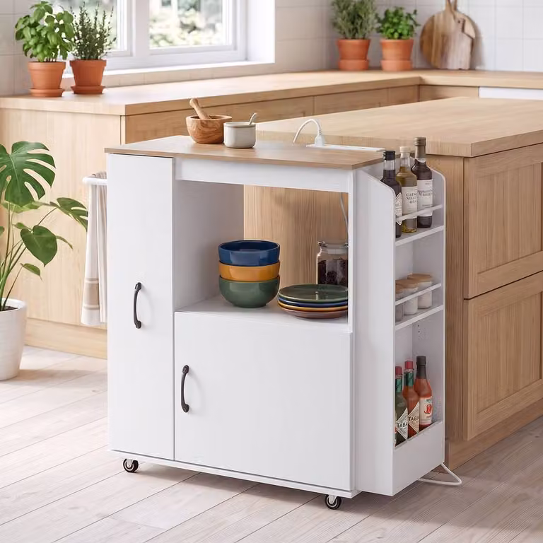HOMCOM White Rolling Kitchen Trolley with Power Outlet