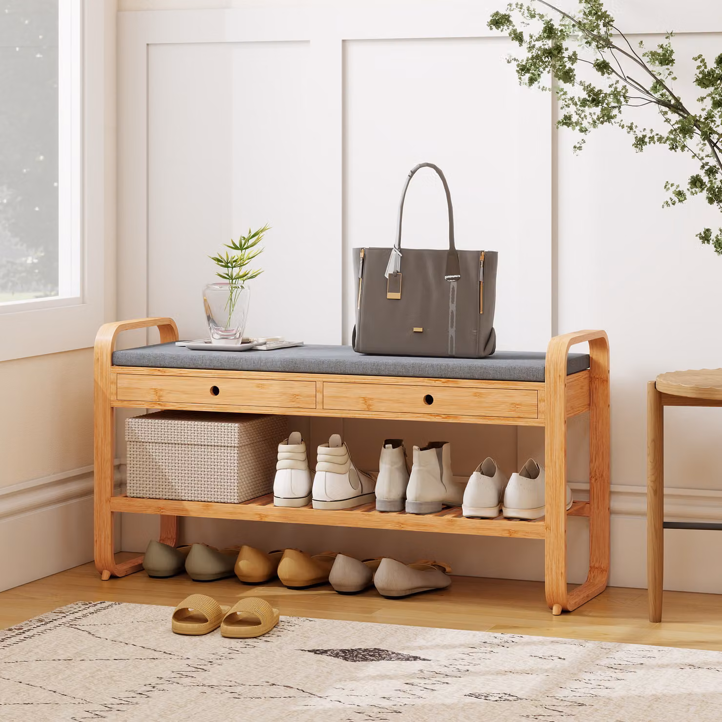 HOMCOM Shoe Storage Bench with Cushioned Seat and 2 Drawers, Natural and Grey, W: 105 cm, D: 33.2 cm, H: 55 cm – 2
