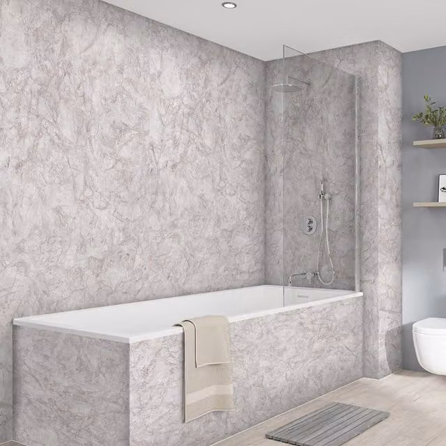 Wetwall Elite Double Post Formed Natural Pietra Shower Panel in Beige Marble Look