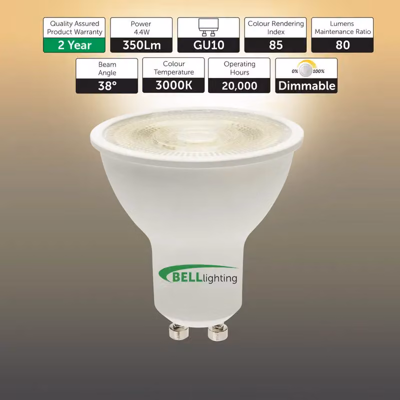 BELL Lighting Dimmable GU10 LED Bulbs, 4.4W, 350lm, Warm White 3000K, Pack of 5 – 2