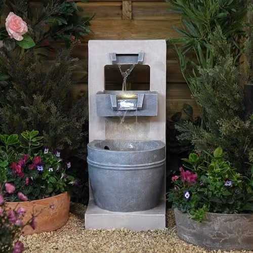 Serenity Cascading Bowl Water Feature in Grey Stone Effect Polyresin with LED Lights, Height: 70 cm – 3