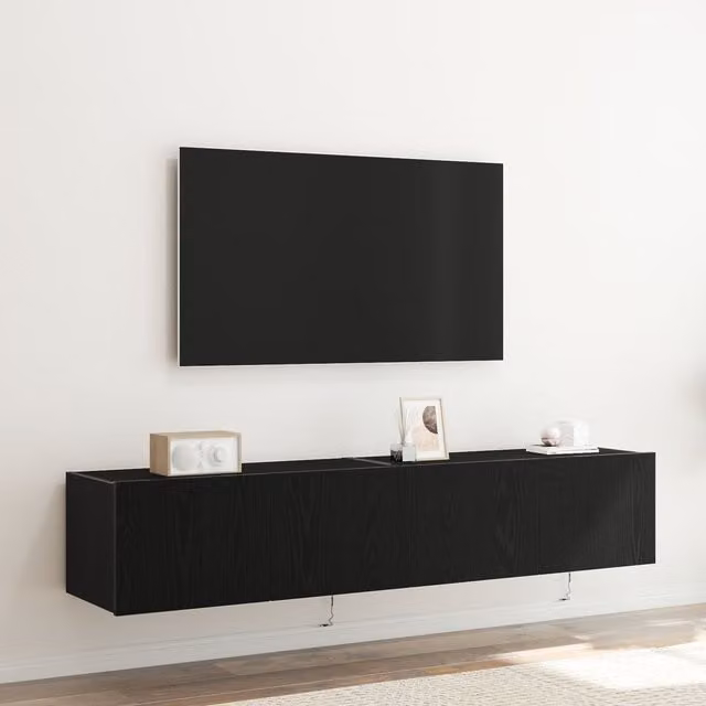 Berkfield Home Set of 2 Modern TV Wall Cabinets with LED Lights in Black Oak, W/D/H: 80 x 35 x 31 cm
