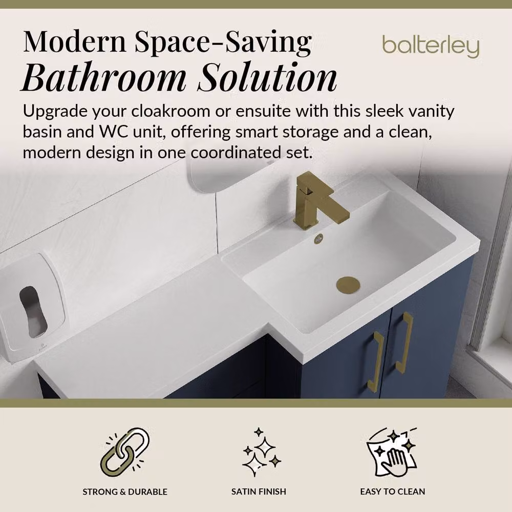Balterley Modern Blue Right-Hand Vanity and WC Unit Combination with Brushed Brass Details, W: 110 cm, H: 84 cm – 2