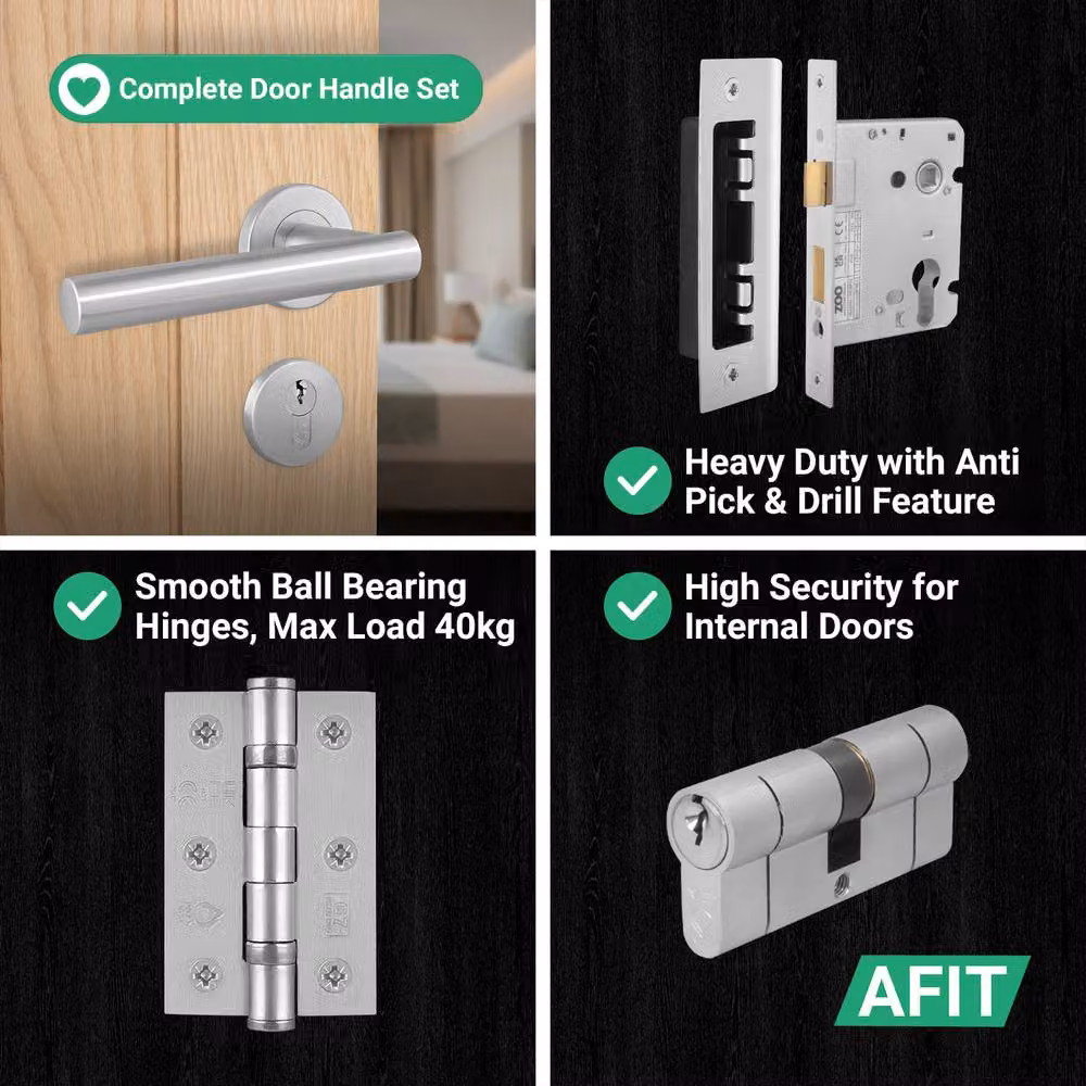 Vano AFIT Satin T-Bar Lever on Rose Euro Lock and Hinge Kit with Double Cylinder in Silver Stainless Steel, Size: 150 x 150 mm – 3