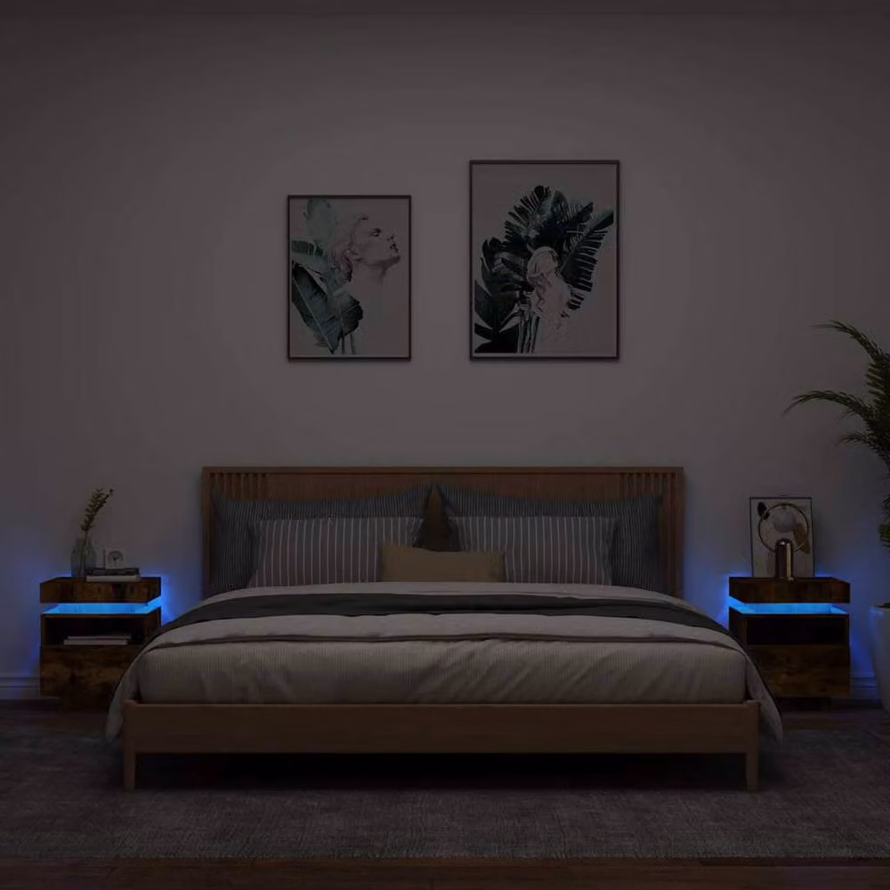 Berkfield Home Set of 2 Smoked Oak Bedside Cabinets with Integrated LED Lights, Brown, W/D/H: 40 x 39 x 48.5 cm – 2