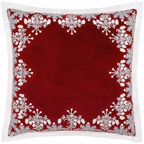 Paoletti Winter Bloom Floral Embroidered Cotton Velvet Cushion, Red, W/D/H: 50 x 50 x 50 cm