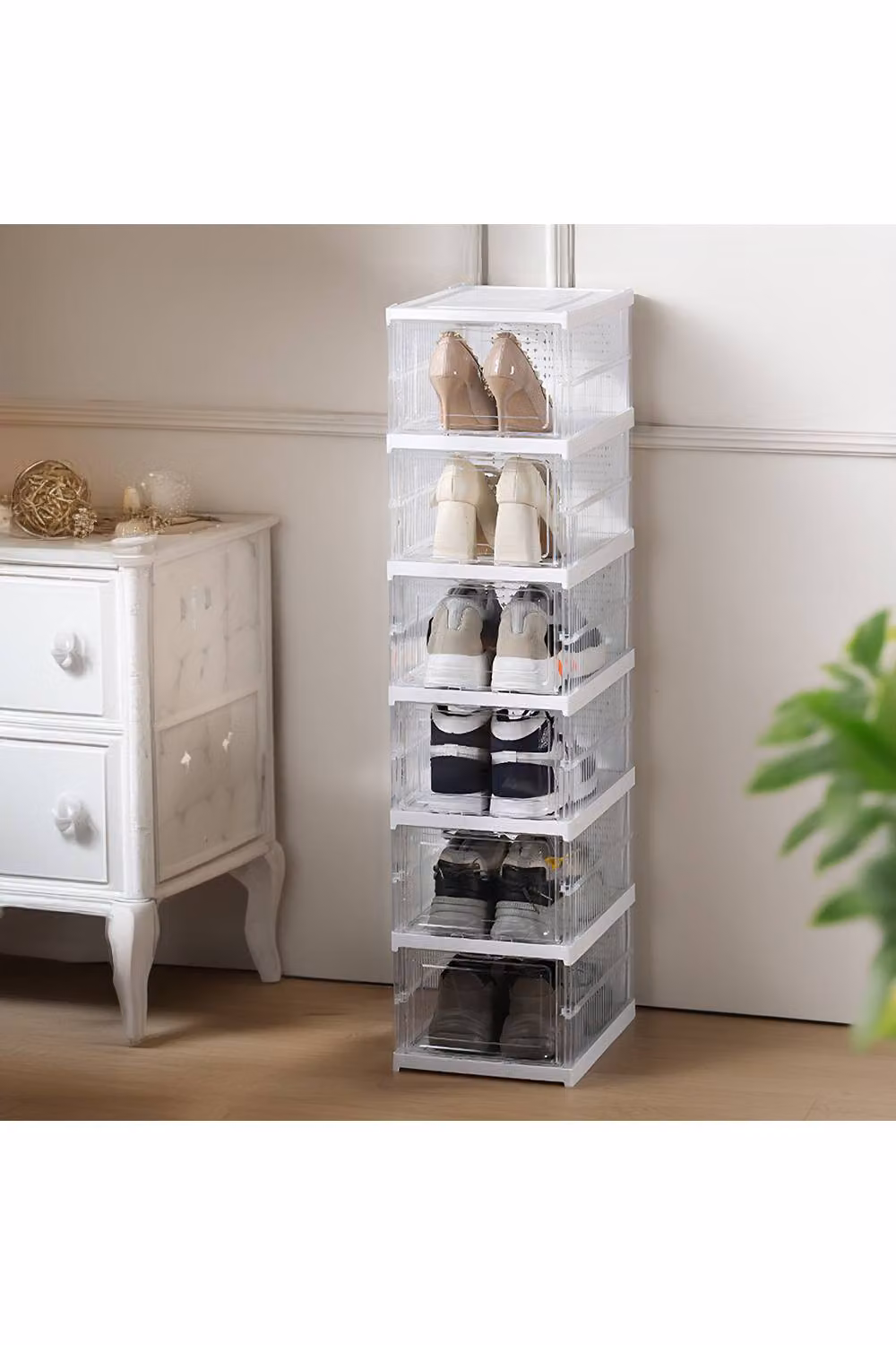 Living and Home 6-Tier Foldable White Shoe Cabinet with Tilting Compartments and Transparent Doors – 1