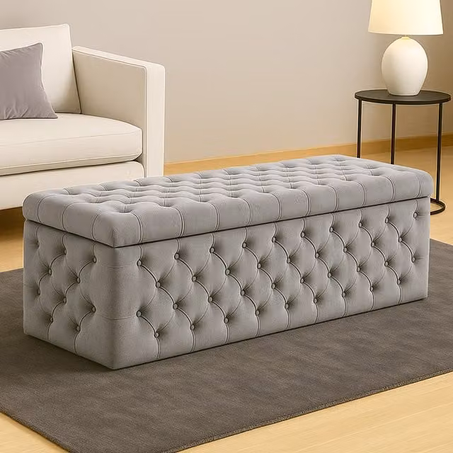 R&M Furnishers Wide Lux Chesterfield Ottoman Storage Box in Sapphire Blue Silver Velvet