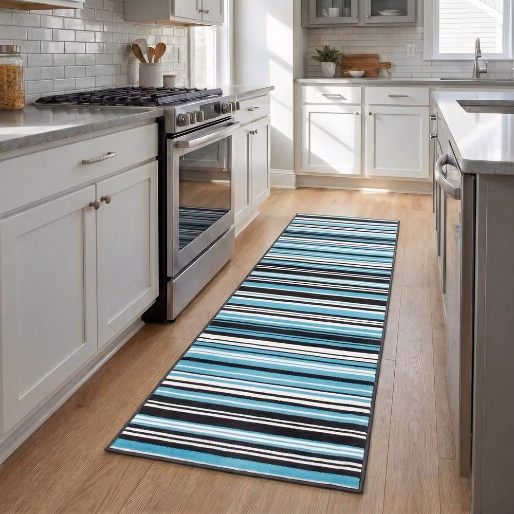 Bravich LTD Two Tone Striped Hallway Runner Rug, Non Slip Low Pile in Petrol Teal, W: 60 cm, L: 180 cm – 2