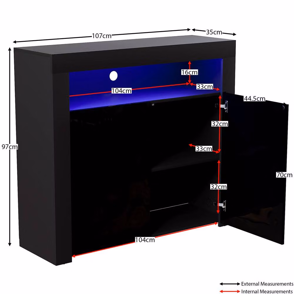 HD Designs Nova 2 Door LED Sideboard Cabinet in Black, W/D/H: 107 x 97 x 35 cm – 2