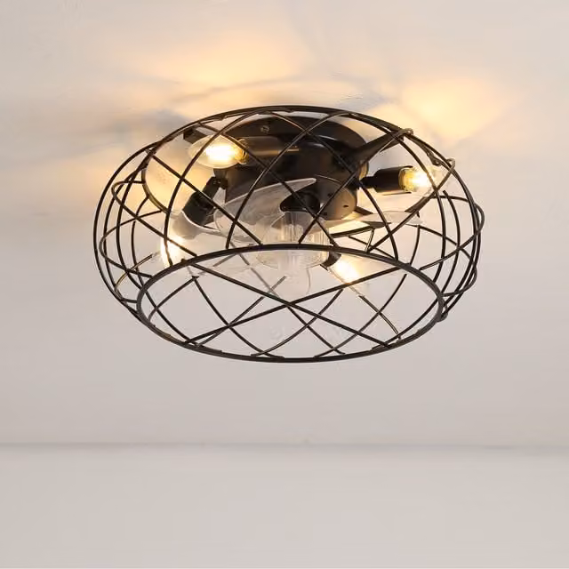 Livingandhome Industrial Black Metal Ceiling Fan Light with Round Cage Design