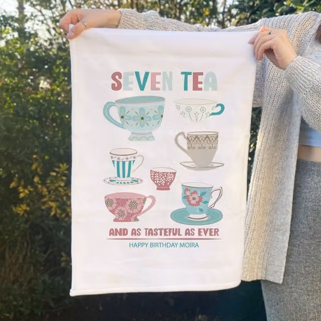 Afewhometruths Personalised Seven Tea 70th Birthday Gift Tea Towel, White, W: 60 cm – 1