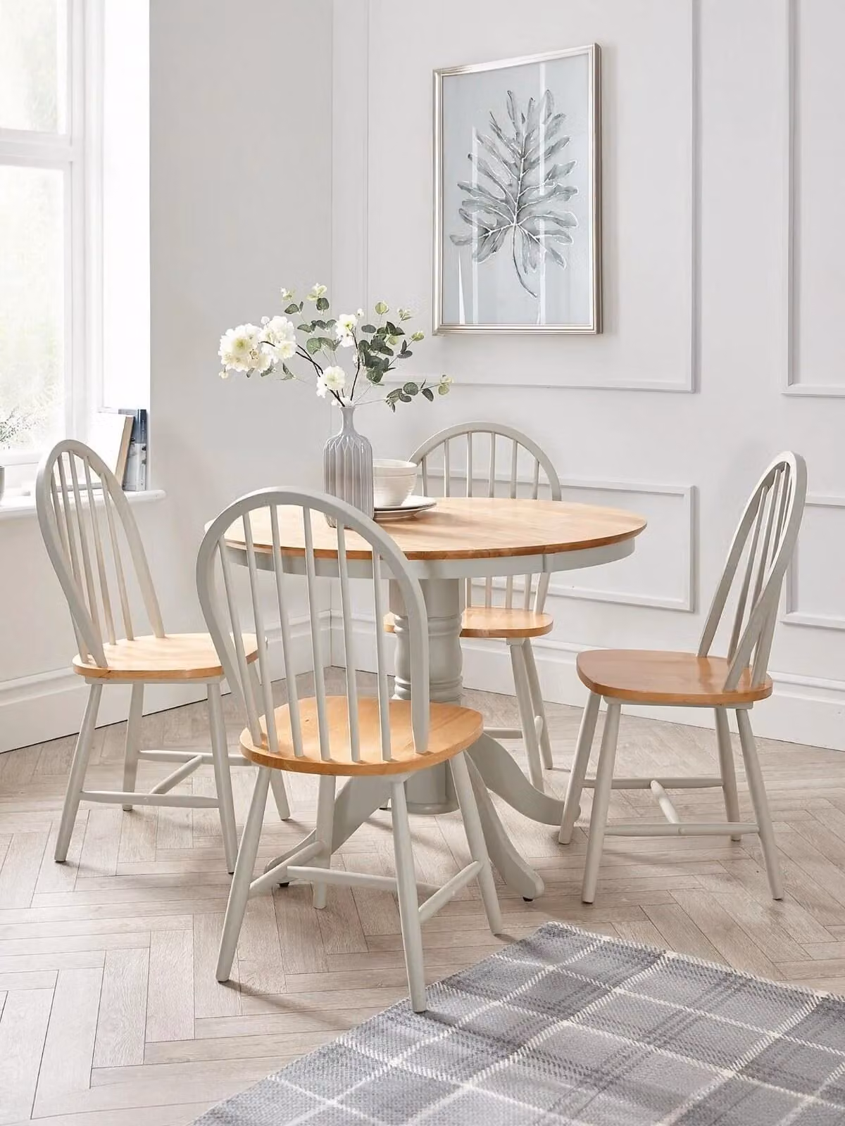 Kentucky Rubberwood Round Dining Table and 4 Chairs in Grey and Oak, W: 100 cm
