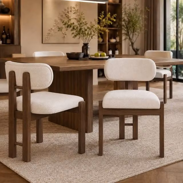 Rolipo Set of 4 Modern Solid Wood Dining Chairs in Walnut Finish with Brown and Beige Boucle Fabric – 1