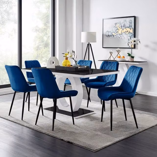 FurnitureboxUK Giovani Black Glass Dining Table and Six Navy Blue Pesaro Velvet Chairs Set