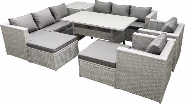 Fimous 8 Seater Rattan Garden Furniture Set with Dining Table, 2 Chairs, Side Table and 2 Footstools in Light Grey – 1