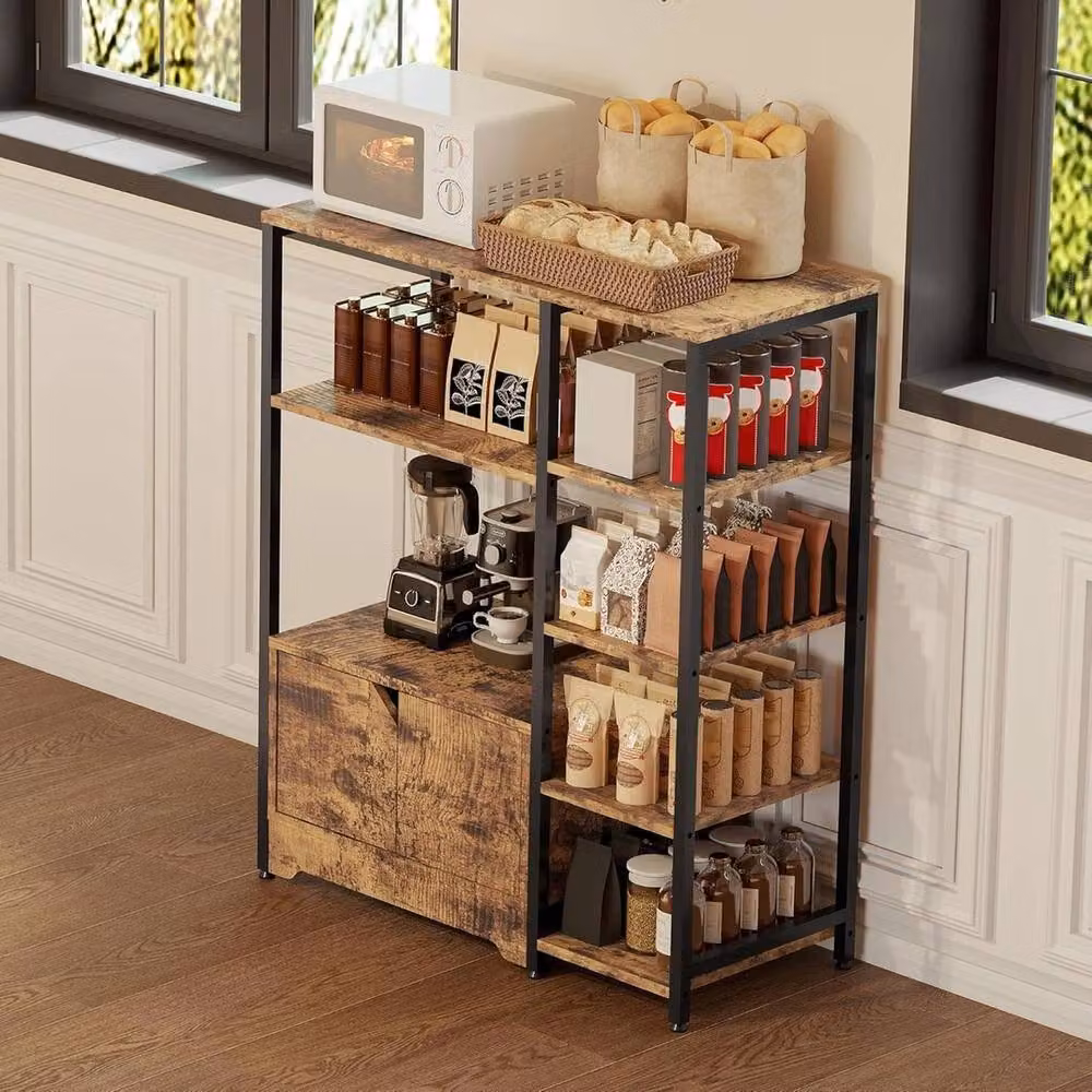 VOGREX Mini Coffee Bar Cabinet Rustic Brown Wood and Metal Storage Sideboard with Doors – 2