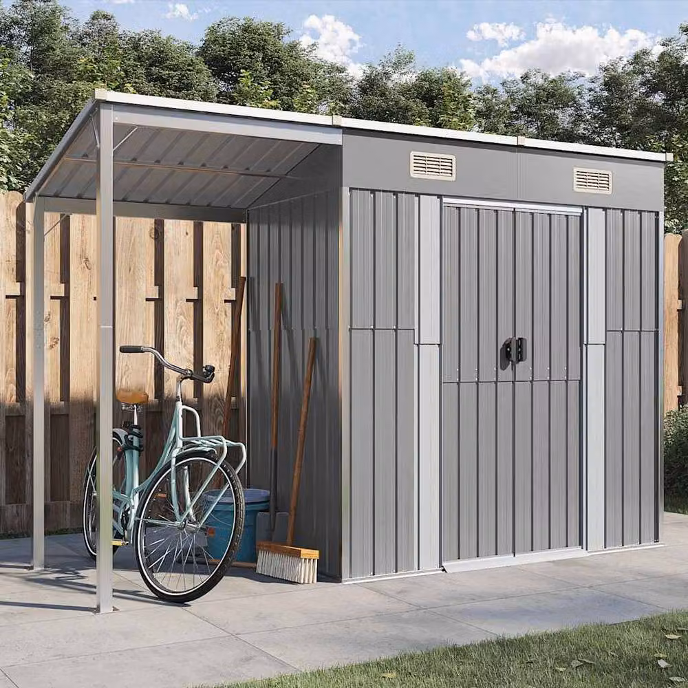 Berkfield Home Pent Garden Shed in Light Grey Steel with Extended Roof and Window, W/D/H: 277 x 110.5 x 181 cm – 2