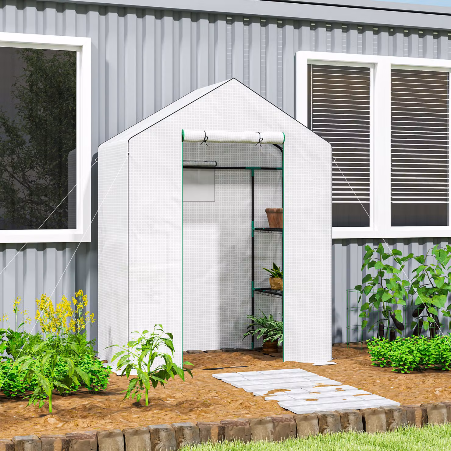 Outsunny White Walk-in Greenhouse with 3 Tiers of 4 Shelves, Reinforced PE Cover, Roll-up Door and Windows, W/D/H: 143 x 74 x 190 cm – 2
