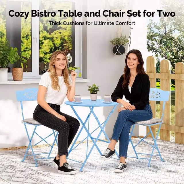 EONLION Blueolive 3-Piece Folding Bistro Set with Olive Leaf Pattern in Blue, Width: 100 cm – 1