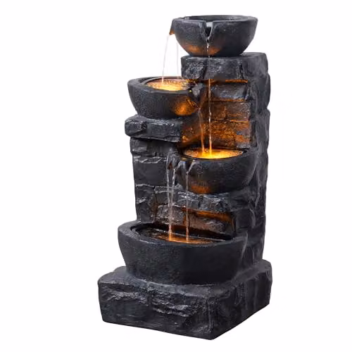 Teamson Home 4 Tier Cascading Bowl Outdoor Water Feature with Warm LED Lights, Dark Grey, W/D/H: 39.5 x 39.5 x 82.5 cm