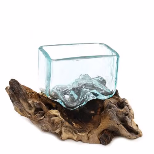 Serenityy Modern Molten Glass Tabletop Bowl on Wood Stand in Blue or Pink