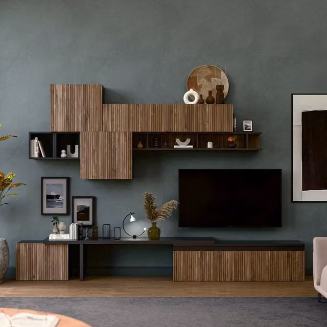 Decorotika Bilbao Wall Mounted Modern Entertainment Center in Black, White and Brown with Glossy Striped Finish