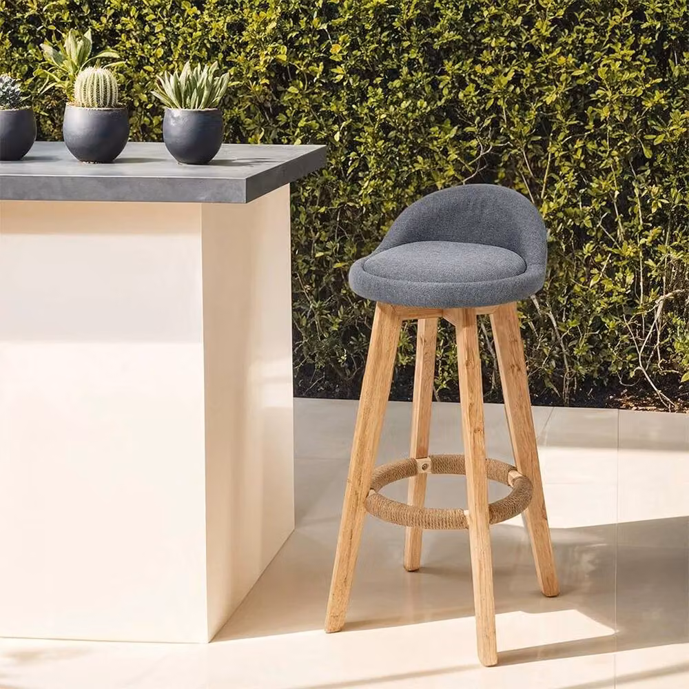 EONLION Set of 2 Grey Fabric and Rubberwood Padded Bar Stools with Backrest – 4
