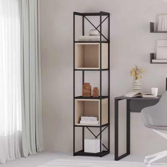 Decortie Vale Mini 5-Tier Bookcase with Adjustable Shelves in Black Wood and Sandstone