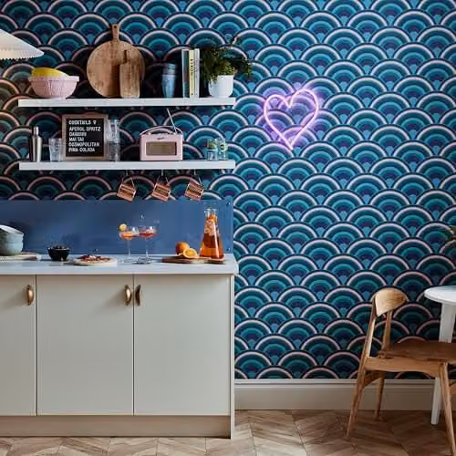 Graham & Brown Curve Earth Geometric Retro Abstract Wallpaper in Blue, Pink, Terracotta and Multicolour, W: 52 cm, H: 1000 cm – 2